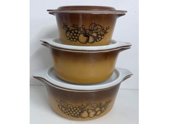 Vintage Set Of 3 Pyrex Old Orchard Nesting Mixing Bowls Brown Harvest Fruit 70s