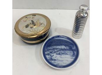 Lot Of Miscellaneous Collectibles: Japanese Trinket Box, Duckie Cooler, Divi Divi Tree Plate