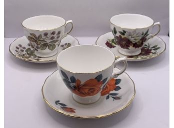 3 Floral Royal Vale Teacups With Saucers