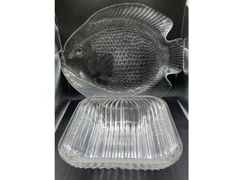 Lot Of 2 Gorgeous Glass Serving Dishes: Fish Platter And Rippled Bowl