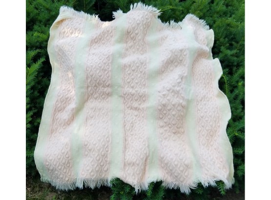 Hand Knitted Wool Throw Cable & Bow Tie Stitches In Pink & Cream 50 Inches X 56 Inches X 2  Inch Fringe