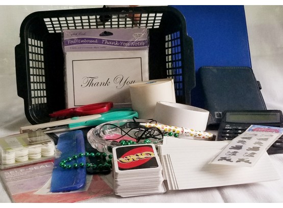 Contents Of Desk Drawer - Thank You Cards, Calculator, Hanging Strips, Holiday Stickers, & More