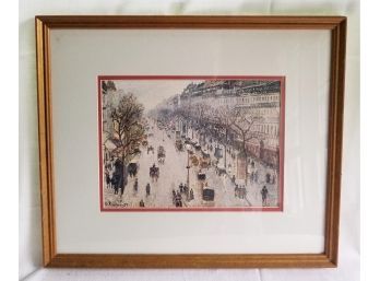 The Boulevard Montmartre On A Winter Morning By Camille Pisssarro Doubled Matted Print In Gilded Frame.