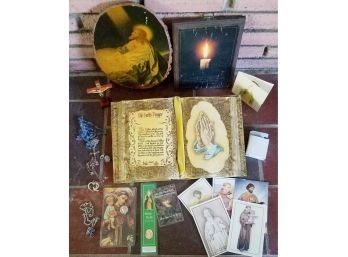 Vintage And New Christian Plaques, Rosary Beads, Prayer Cards, Jewelry, Pocketbook Charm And More