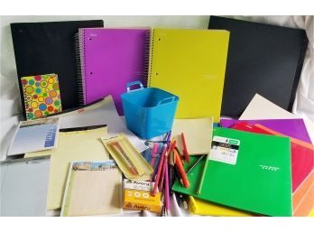 Contents Of Desk Drawer - Note Pads, Pens, Scrap Paper, 3 Ring Binders, And More
