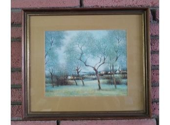 Colorful Outdoor Scene Artist Signed Matted Under Glass