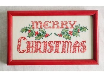 'MERRY CHRISTMAS'  Cross Stitch Behind Glass In Cheerful Holiday Red Wooden Frame.