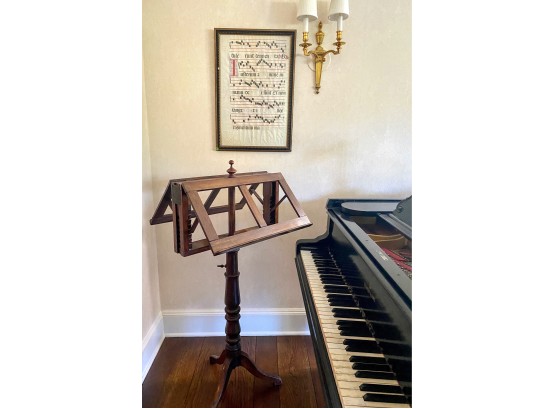 Antique Double Sided Music Stand And Framed Sheet Music