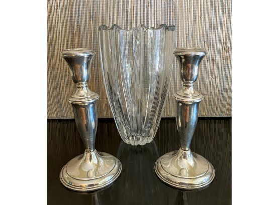 Weighted Sterling Silver Candlestick With Deco Style Glass Vase