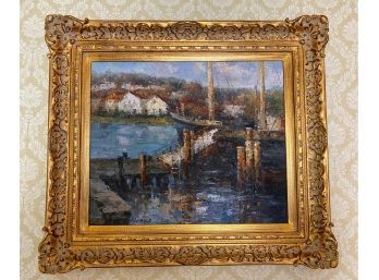 Harbor Scene On Canvas In Gilded Frame