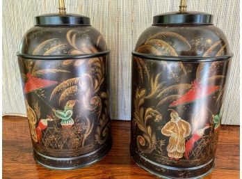 Pair Of Black Chinese Tea Canister Table Lamps