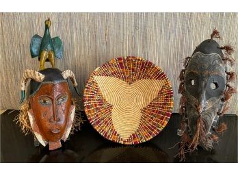 Pair Of African Masks And Woven Bowl