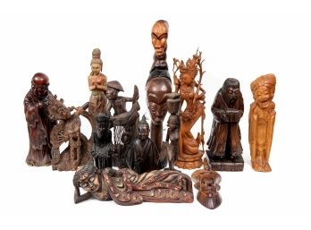 Collection Of 13 Hand Carved Asian Figures, Up To 25' High