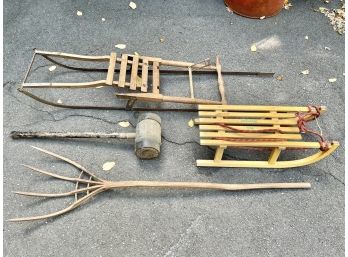Outdoors Decorative Lot, Sleds, Mallet And Hay Rake