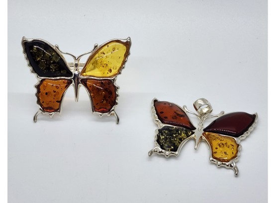 Amber Butterfly Ring, Polished Rhodium Over Sterling & Pendant Made From Baltic Amber Stones
