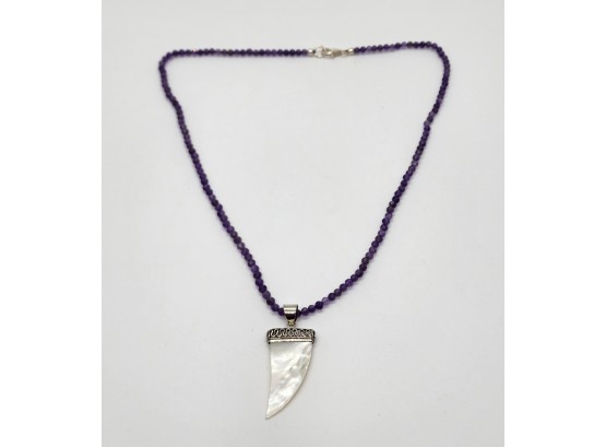 Amethyst Beads Necklace In Rhodium Over Sterling With Mother Of Pearl Pendant