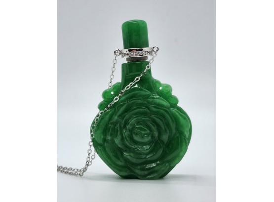 Green Jade, Faux Diamond Carved Rose Flower Scent Bottle Necklace In Sterling