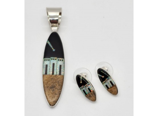 Black Onyx, Multi Gemstone Pueblo Home Earrings & Pendant In Sterling