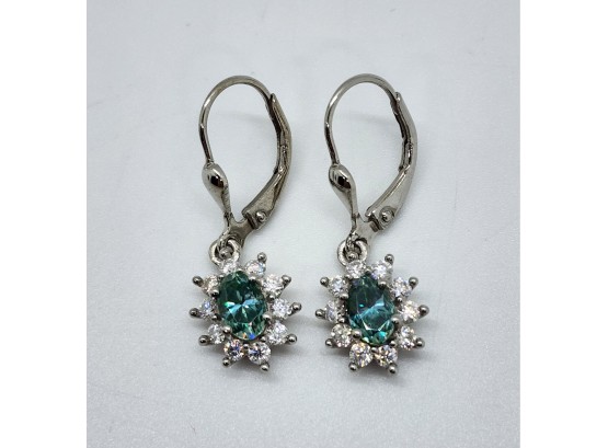 Blue Moissanite, White Moissanite Dangle Earrings In Platinum Over Sterling
