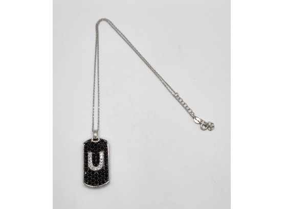 Natural Thai Black Spinel, White Topaz Letter U Pendant Necklace In Black Rhodium Over Sterling