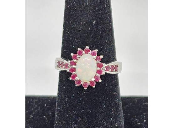 Ethiopian Welo Opal & Ruby Ring In Platinum Over Sterling