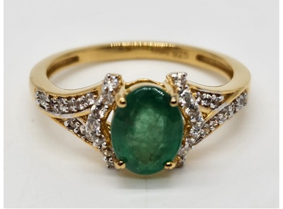 Emerald & White Zircon Ring In Yellow Gold Over Sterling
