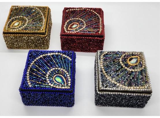 4 Handcrafted Wooden Beaded Square Trinket Boxes