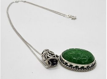 Green Carved Jade & Peridot Pendant Necklace In Sterling