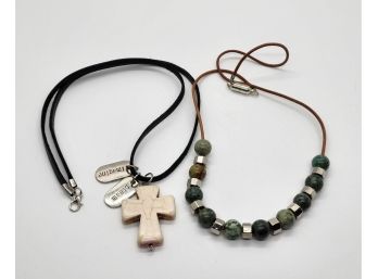 2 Handmade Leather Necklaces With Pendants & Beads