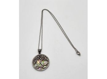 Abalone Shell 'mother Playing With Children' Necklace In Black Oxidized Stainless