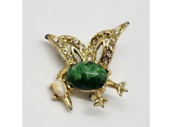 Vintage Gold Tone Bird Brooch With 2 Large Stones & Crystals