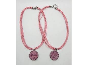 2 Rose Quartz, Pink Murano Style Reversible Pendants On Wax Cords In Stainless