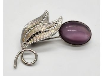 Silver Tone Brooch With 2 Leaves & Purple Oval Stone