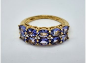 Tanzanite, Zircon Band Ring In Yellow Gold Over Sterling