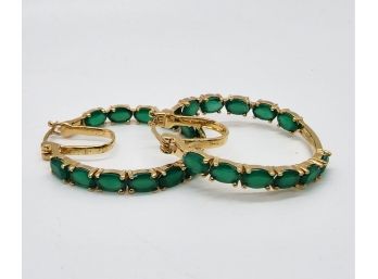 Green Onyx Inside Out Hoop Earrings In Yellow Gold Over Sterling