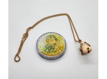 Austrian Crystal, Resin, Enameled Dog Pendant Necklace With Compact Mirror