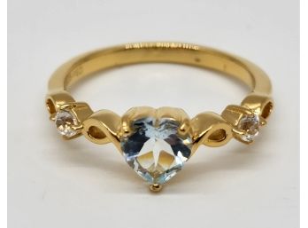 Aquamarine & White Zircon Heart Ring In Yellow Gold Over Sterling