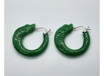 Green Jade Carved Phoenix Earrings In Rhodium Over Sterling