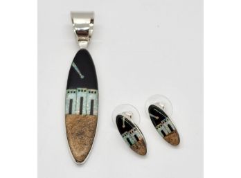 Black Onyx, Multi Gemstone Pueblo Home Earrings & Pendant In Sterling