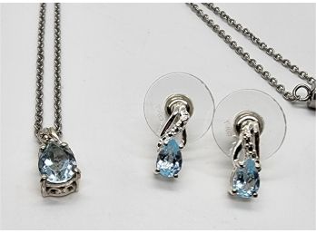 Sky Blue Topaz Earrings & Pendant Necklace In Sterling & Stainless
