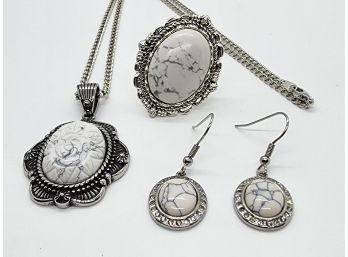 White Howlite Ring, Earrings & Pendant Necklace