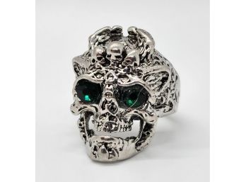 Cool Skull Ring In Stainless With Green Eyes