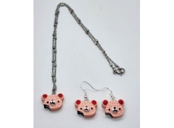 Cute Teddy Bear Earrings & Matching Necklace