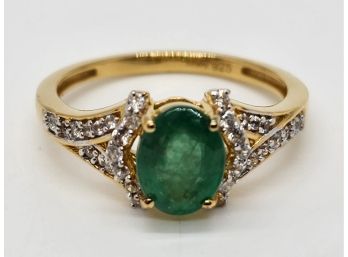 Emerald & White Zircon Ring In Yellow Gold Over Sterling