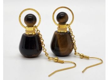 Tigers Eye Perfume Bottle Earrings In Gold Tone & Stainless