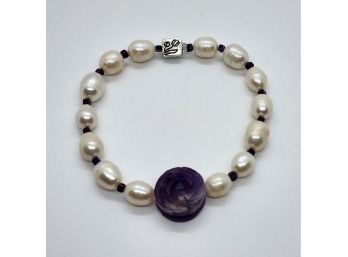 Cultured Freshwater Pearl, Hematine & Carved Rose Amethyst Handcrafted Stretch Bracelet