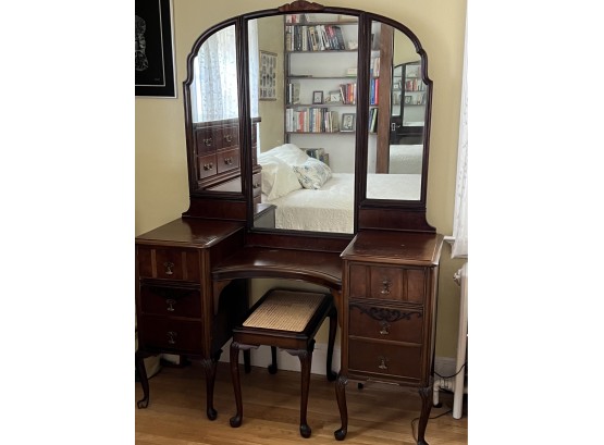 Mid Century Vanity With Tri Fold Mirror And Cane Seat Bench
