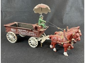 Vintage Cast Iron Horse Drawn Fruit & Vegetable Carriage Toy With Umbrella