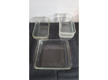 Three Clear Pyrex Loaf Dishes And Casserole Dish