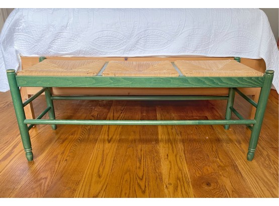 Country Farmhouse Painted Green Bench With Woven Rush Seat